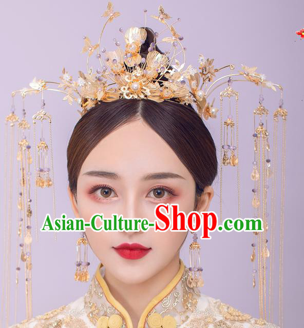 Chinese Ancient Bride Tassel Hairpins Golden Butterfly Phoenix Coronet Traditional Wedding Xiu He Hair Accessories Complete Set for Women