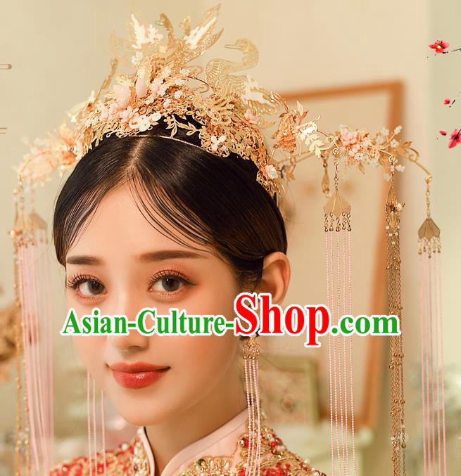 Chinese Ancient Bride Golden Swan Phoenix Coronet Tassel Hairpins Traditional Wedding Xiu He Hair Accessories Complete Set for Women