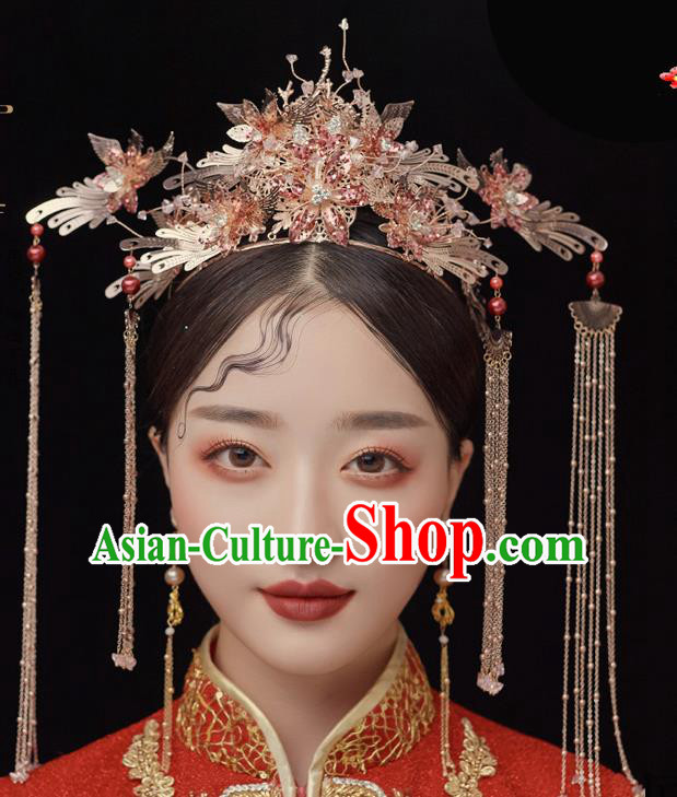 Chinese Ancient Bride Golden Phoenix Coronet Tassel Hairpins Traditional Wedding Xiu He Hair Accessories Complete Set for Women