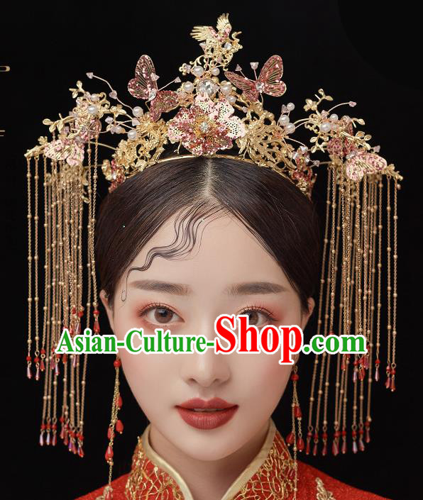 Chinese Ancient Bride Butterfly Crane Phoenix Coronet Tassel Hairpins Traditional Wedding Xiu He Hair Accessories Complete Set for Women