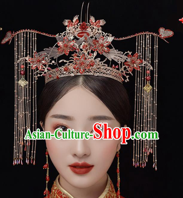 Chinese Ancient Bride Red Crystal Phoenix Coronet Tassel Hairpins Traditional Wedding Xiu He Hair Accessories Complete Set for Women