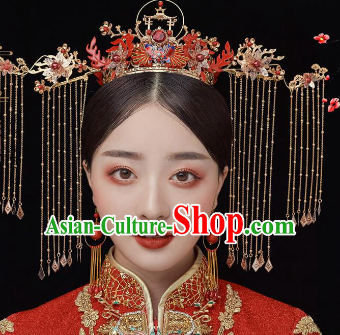 Chinese Ancient Bride Red Knot Phoenix Coronet Tassel Hairpins Traditional Wedding Xiu He Hair Accessories Complete Set for Women