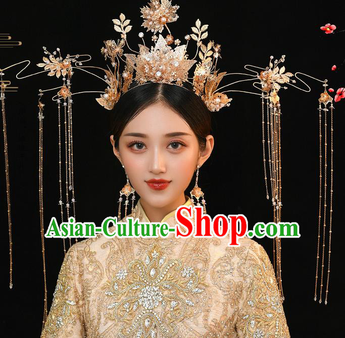 Chinese Ancient Bride Deluxe Golden Leaf Phoenix Coronet Tassel Hairpins Traditional Wedding Xiu He Hair Accessories Complete Set for Women