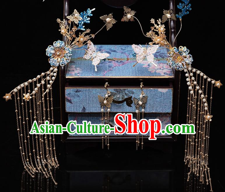Chinese Ancient Bride Blue Crystal Tassel Hairpins Traditional Wedding Xiu He Hair Accessories Complete Set for Women