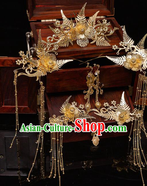 Chinese Ancient Bride Golden Leaf Hair Comb Tassel Hairpins Traditional Wedding Xiu He Hair Accessories Complete Set for Women