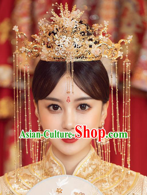 Chinese Ancient Bride Shell Phoenix Coronet Tassel Hairpins Traditional Wedding Xiu He Hair Accessories Complete Set for Women