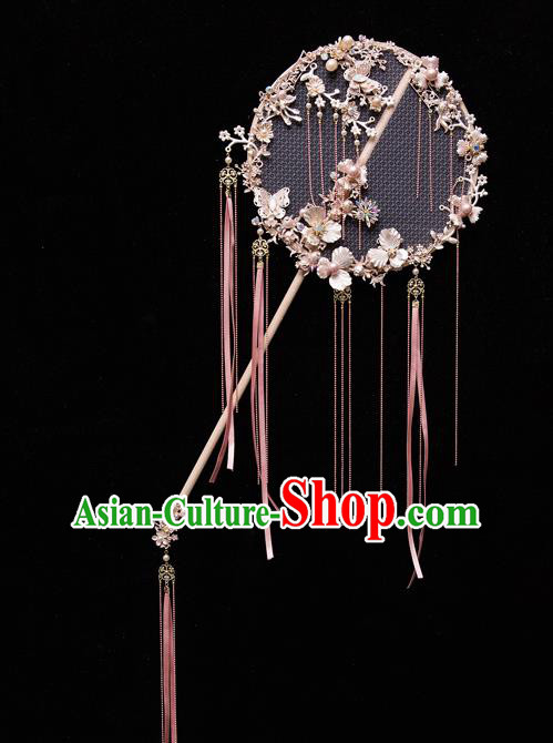 Chinese Ancient Bride Prop Pink Ribbon Silk Palace Fans Traditional Wedding Xiu He Accessories Round Fan for Women