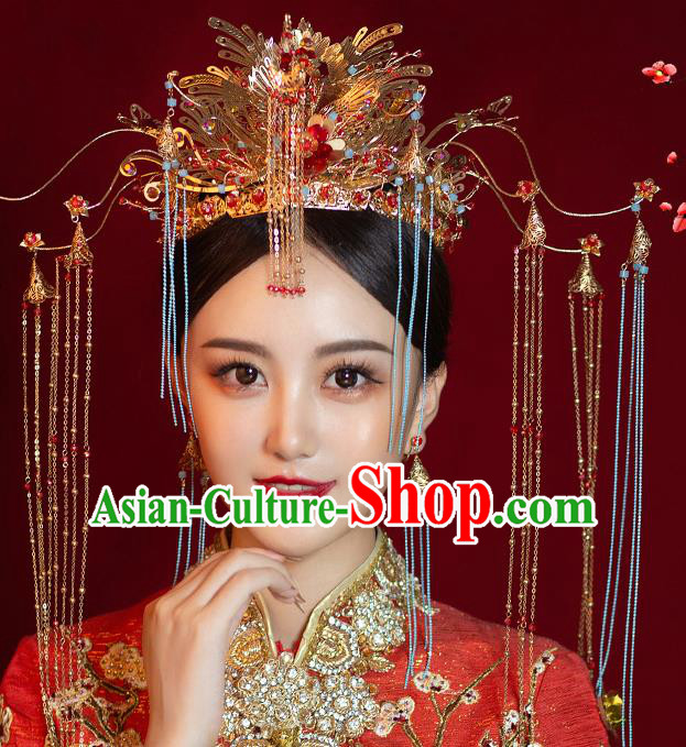 Chinese Ancient Bride Luxury Phoenix Coronet Tassel Hairpins Traditional Wedding Xiu He Hair Accessories Complete Set for Women