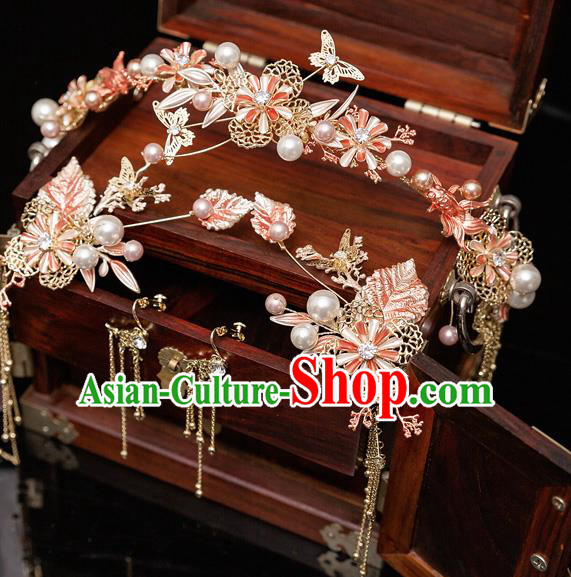 Chinese Ancient Bride Pink Leaf Hair Clasp Tassel Hairpins Traditional Wedding Xiu He Hair Accessories Complete Set for Women