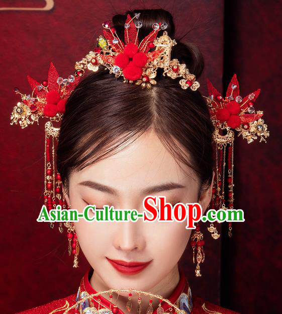 Chinese Ancient Bride Hair Crown Hairpins Traditional Wedding Xiu He Hair Accessories Complete Set for Women