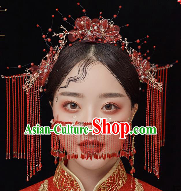 Chinese Ancient Bride Red Silk Hair Comb Tassel Hairpins Traditional Wedding Xiu He Hair Accessories Complete Set for Women