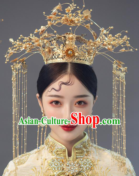 Chinese Ancient Bride Golden Beads Phoenix Coronet Tassel Hairpins Traditional Wedding Xiu He Hair Accessories Complete Set for Women