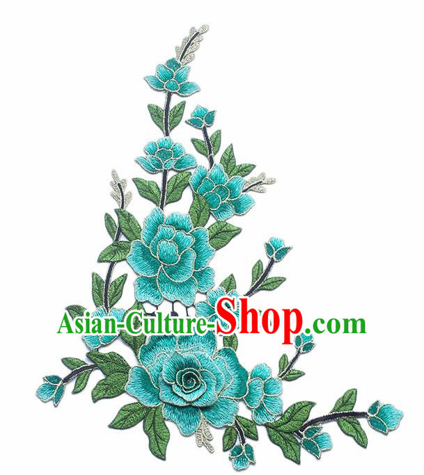 Traditional Chinese Embroidery Blue Peony Applique Embroidered Patches Embroidering Cloth Accessories