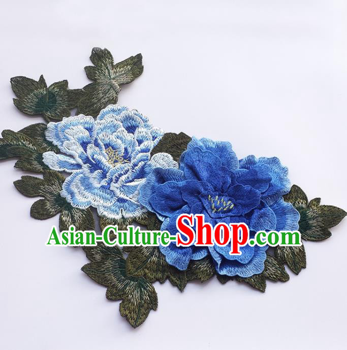 Traditional Chinese Embroidery Blue Stereo Peony Applique Embroidered Patches Embroidering Cloth Accessories