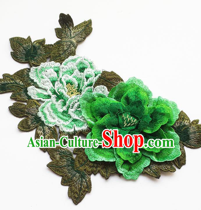 Traditional Chinese Embroidery Green Stereo Peony Applique Embroidered Patches Embroidering Cloth Accessories