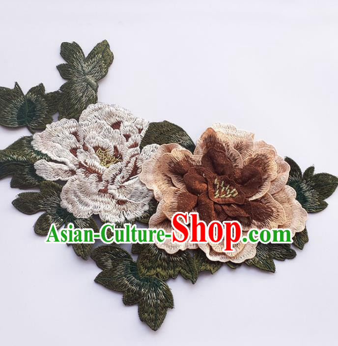 Traditional Chinese Embroidery Brown Stereo Peony Applique Embroidered Patches Embroidering Cloth Accessories