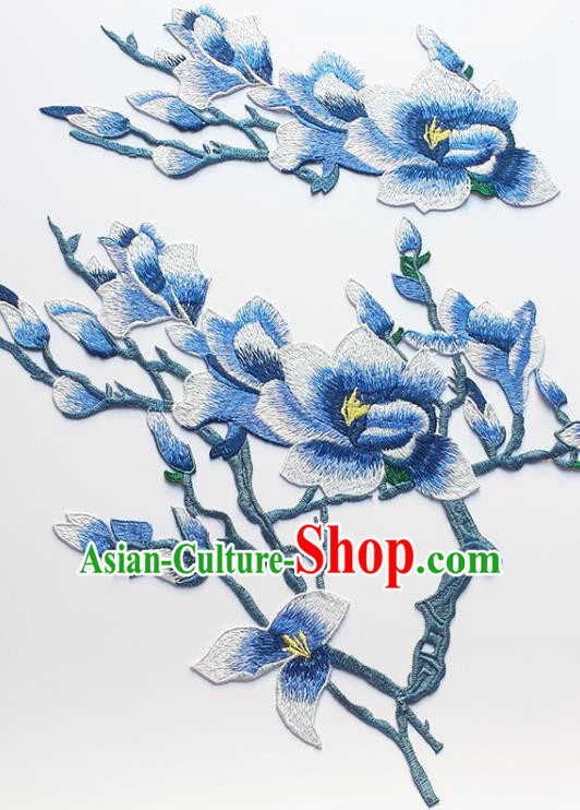 Traditional Chinese Embroidery Blue Mangnolia Applique Embroidered Patches Embroidering Cloth Accessories