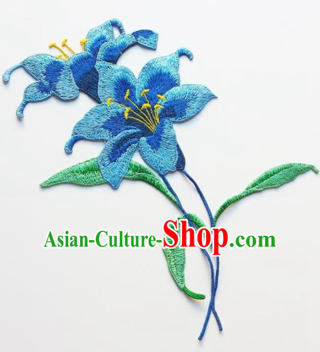 Traditional Chinese Embroidery Blue Lily Flower Applique Embroidered Patches Embroidering Cloth Accessories