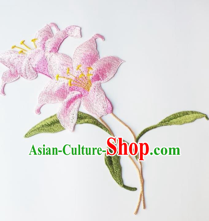 Traditional Chinese Embroidery Pink Lily Flower Applique Embroidered Patches Embroidering Cloth Accessories