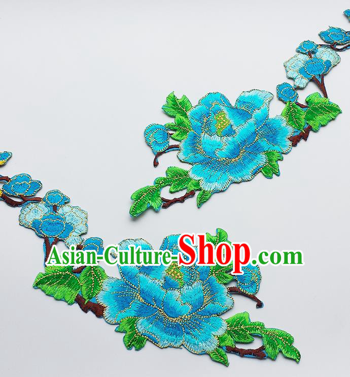 Traditional Chinese National Embroidery Blue Peony Applique Embroidered Patches Embroidering Cloth Accessories