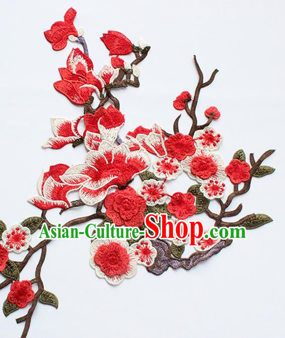 Traditional Chinese National Embroidery Red Plum Mangnolia Applique Embroidered Patches Embroidering Cloth Accessories