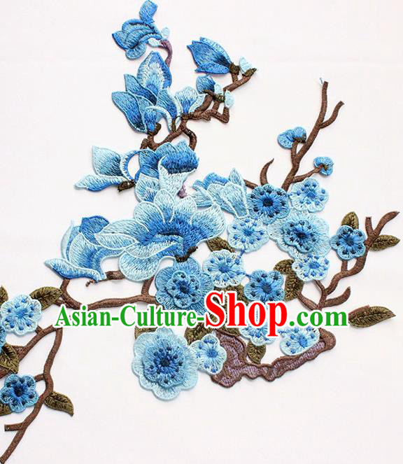 Traditional Chinese National Embroidery Blue Plum Mangnolia Applique Embroidered Patches Embroidering Cloth Accessories