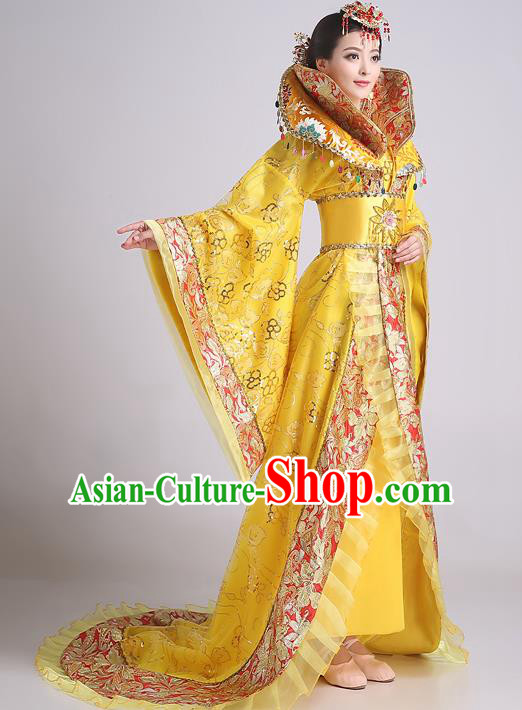 Chinese Ancient Tang Dynasty Imperial Consort Yellow Trailing Dress Traditional Hanfu Goddess Classical Dance Costumes for Women