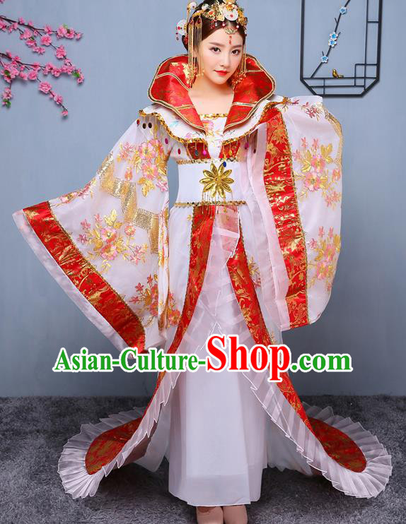 Chinese Ancient Tang Dynasty Imperial Consort White Trailing Dress Traditional Hanfu Goddess Classical Dance Costumes for Women