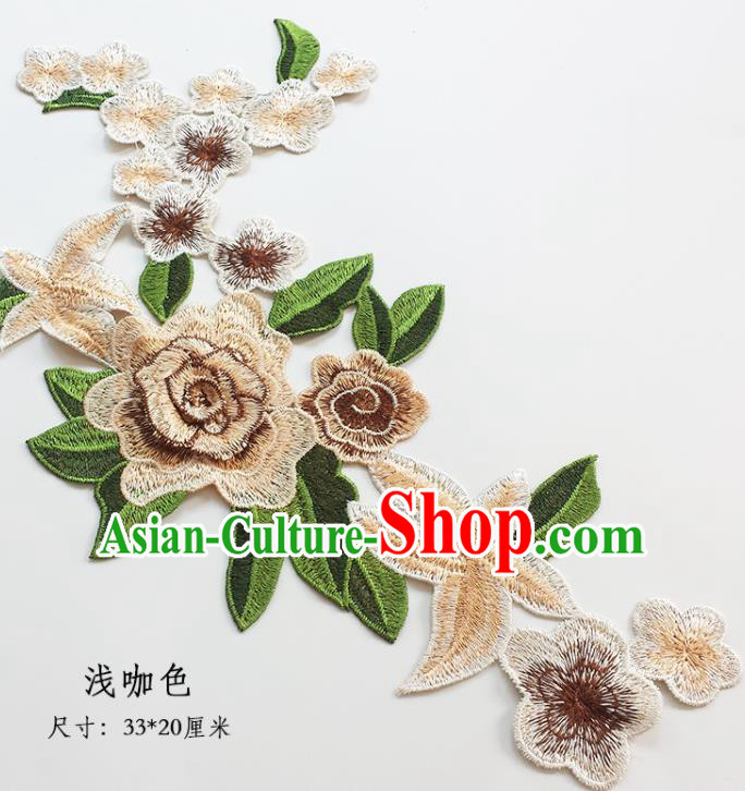 Traditional Chinese National Embroidery Stereo Light Brown Flowers Applique Embroidered Patches Embroidering Cloth Accessories