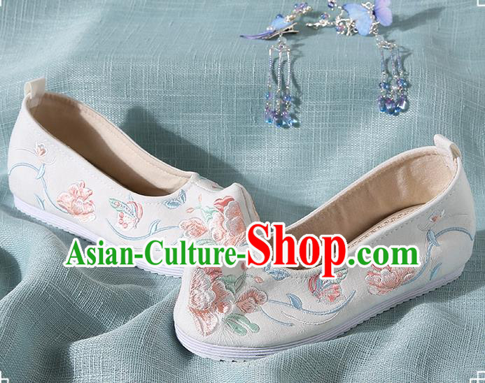 Chinese Handmade Embroidered Flowers White Cloth Bow Shoes Traditional Ming Dynasty Hanfu Shoes Princess Shoes for Women