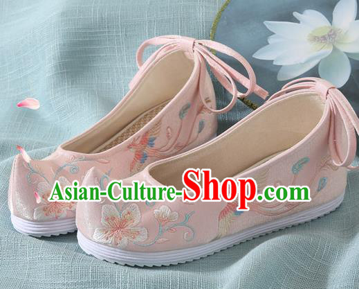 Chinese Handmade Embroidered Flower Bird Pink Cloth Shoes Traditional Hanfu Shoes National Shoes for Women