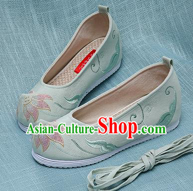 Chinese Handmade Embroidered Lotus Green Cloth Shoes Traditional Hanfu Shoes National Shoes for Women