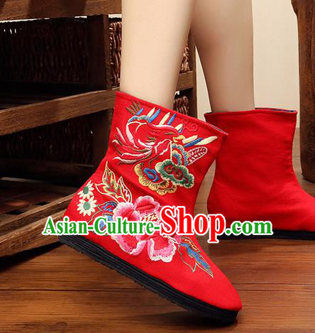 Chinese Handmade Embroidered Peony Red Boots Traditional Hanfu Shoes National Shoes for Women