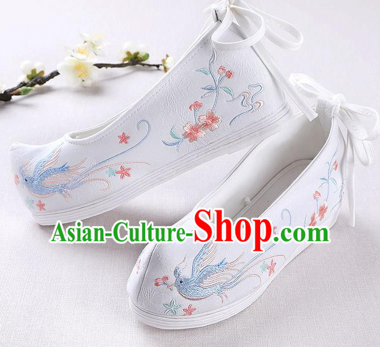 Chinese Handmade Opera Embroidered Bird White Shoes Traditional Hanfu Shoes National Shoes for Women