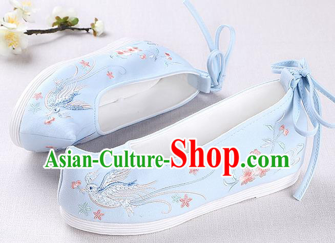 Chinese Handmade Opera Embroidered Bird Blue Shoes Traditional Hanfu Shoes National Shoes for Women