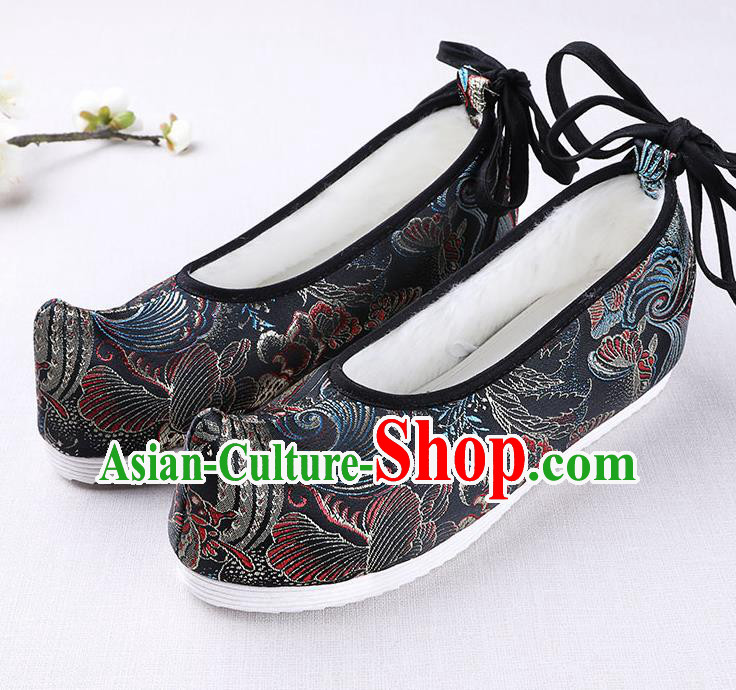 Chinese Handmade Opera Winter Black Satin Shoes Traditional Hanfu Shoes National Shoes for Women