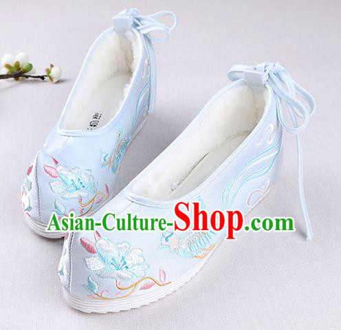 Chinese Handmade Opera Embroidered Phoenix Flower Blue Shoes Traditional Hanfu Shoes National Shoes for Women