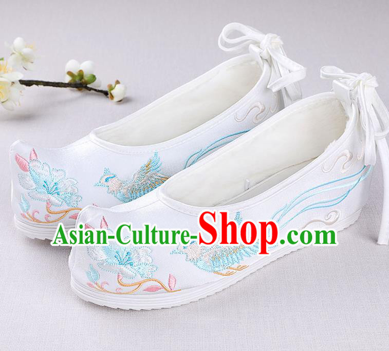 Chinese Handmade Opera Embroidered Phoenix Flower White Shoes Traditional Hanfu Shoes National Shoes for Women