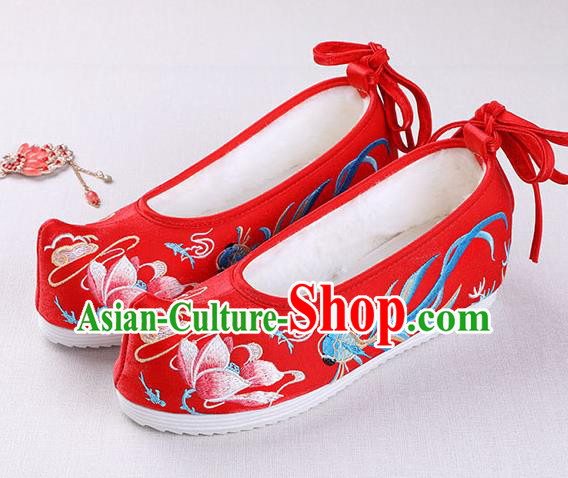 Chinese Handmade Opera Winter Embroidered Goldfish Lotus Red Shoes Traditional Hanfu Shoes National Shoes for Women