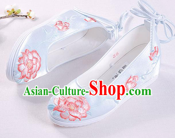 Chinese Handmade Opera Embroidered Peony Light Blue Shoes Traditional Hanfu Shoes National Shoes for Women