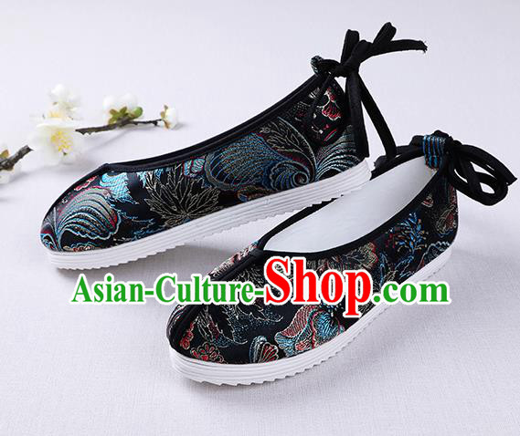 Chinese Handmade Opera Embroidered Black Brocade Shoes Traditional Hanfu Shoes National Shoes for Women