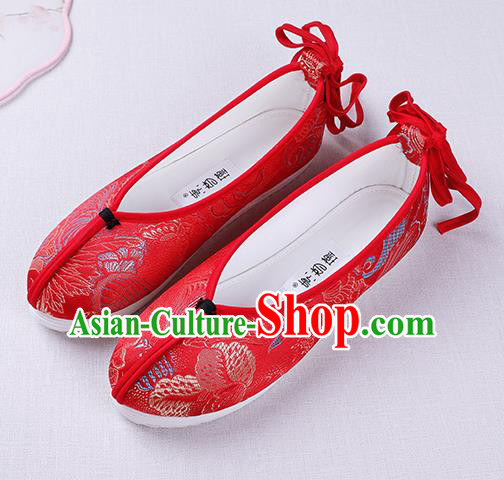 Chinese Handmade Opera Embroidered Red Brocade Shoes Traditional Hanfu Shoes National Shoes for Women