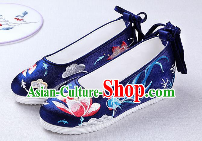 Chinese Handmade Opera Embroidered Lotus Goldfish Royalblue Shoes Traditional Hanfu Shoes National Shoes for Women