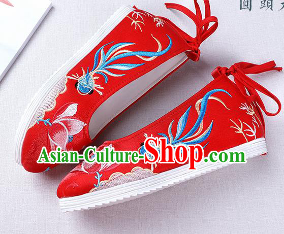 Chinese Handmade Opera Embroidered Lotus Goldfish Red Shoes Traditional Hanfu Shoes National Shoes for Women