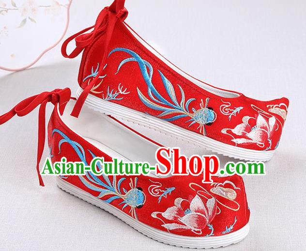 Chinese Handmade Opera Embroidered Lotus Goldfish Red Bow Shoes Traditional Hanfu Shoes National Shoes for Women