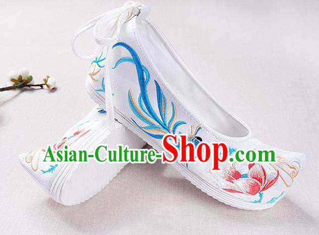 Chinese Handmade Opera Embroidered Lotus Goldfish White Bow Shoes Traditional Hanfu Shoes National Shoes for Women