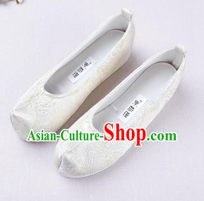 Chinese Handmade Opera Embroidered White Brocade Bow Shoes Traditional Hanfu Shoes National Shoes for Women