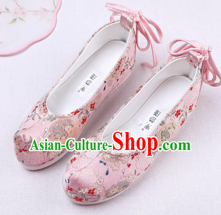 Chinese Handmade Opera Embroidered Pink Brocade Bow Shoes Traditional Hanfu Shoes National Shoes for Women