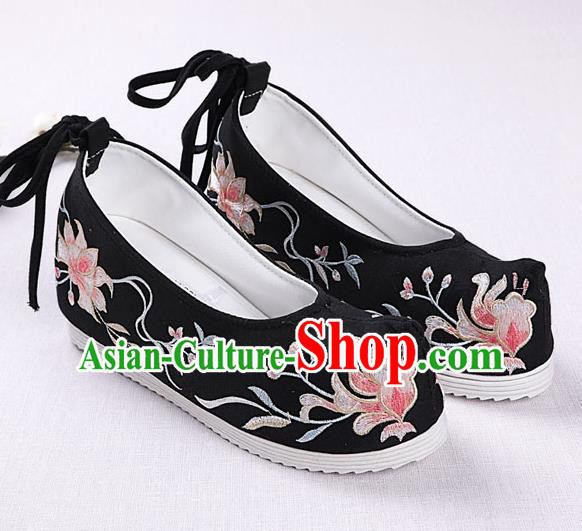 Chinese Handmade Embroidered Black Opera Shoes Traditional Hanfu Shoes National Shoes for Women