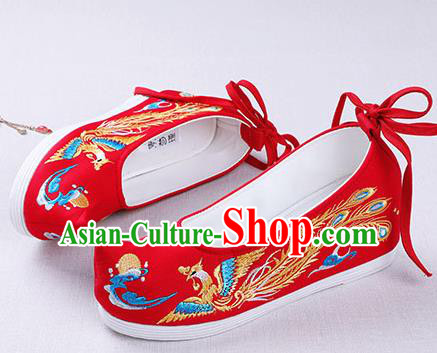 Chinese Handmade Embroidered Phoenix Red Opera Shoes Traditional Hanfu Shoes National Shoes for Women